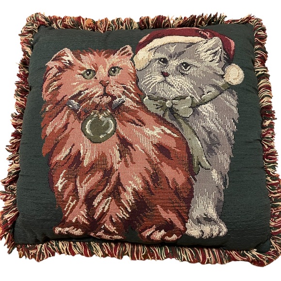 Vintage Christmas Cats Kittens Needlepoint Tapestry Frayed Border Holiday Pillow - Picture 9 of 16